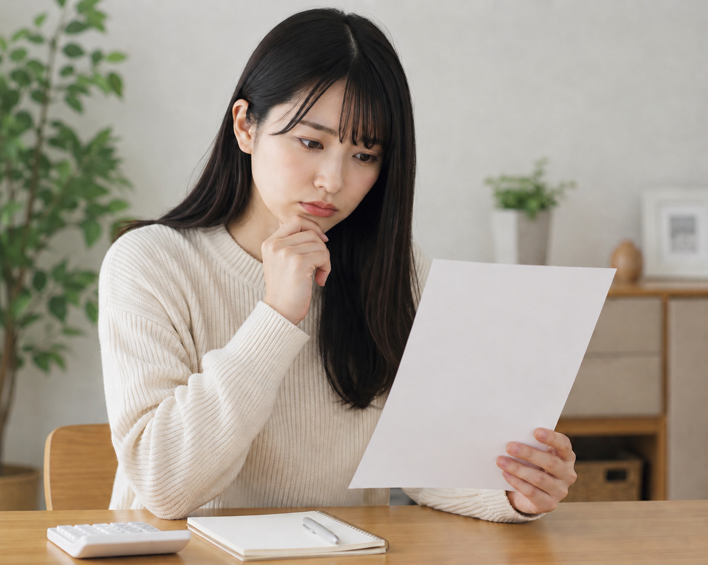 資料を見ながら悩んでいる女性
